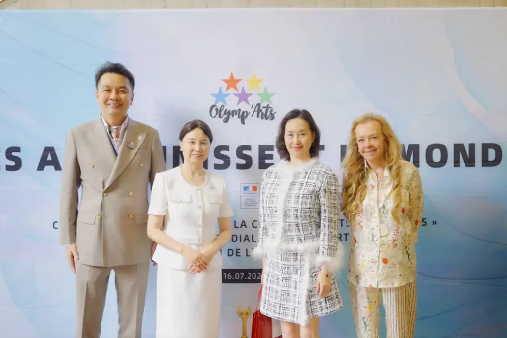 Crostars founder Rocky Shi (Shi Zheyuan, far left) and Pansy Ho (second from right) at the Olymp'Arts 30th anniversary event backdrop, UNESCO Paris, July 16 2025 — French Ministry of Culture logo visible