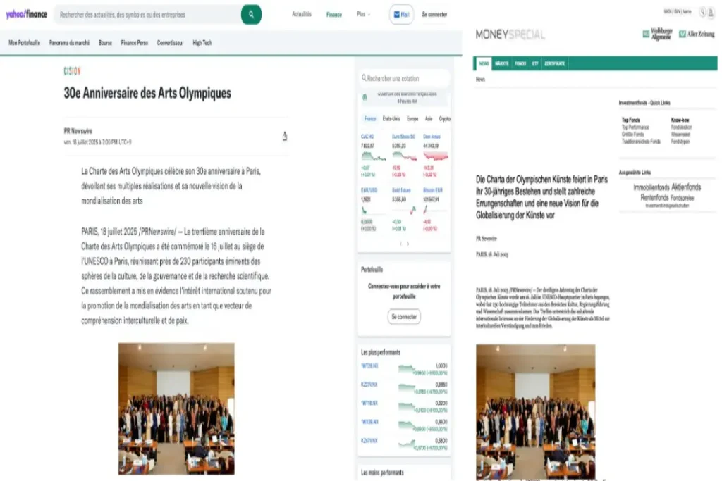 International media coverage of Crostars Paris drone show — Yahoo Finance France and German financial press reporting on the 30th Anniversary of the Olympic Art Charter, July 2025