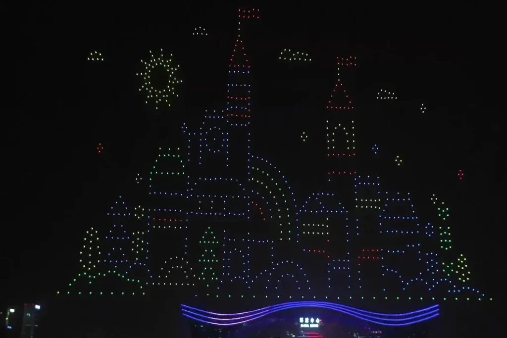 Crostars drones forming castle and theme park scen Chengdu, 2020