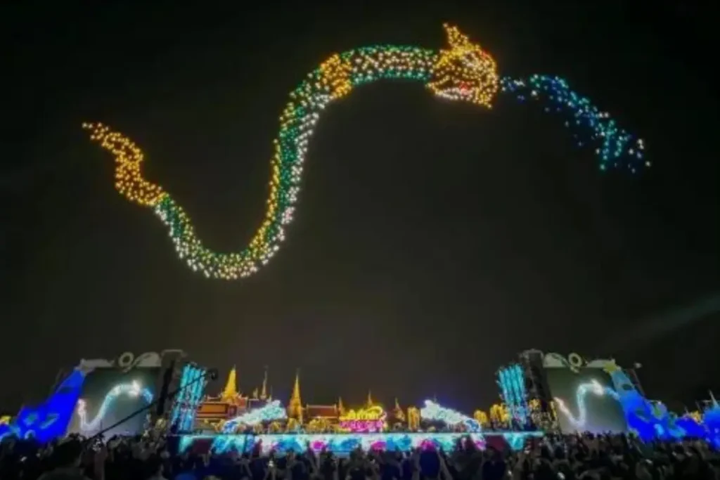 Crostars drone light show night performance forming Naga dragon, Bangkok, 2024